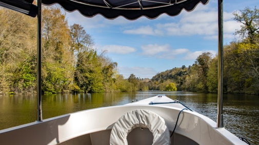 A view taken sitting inside a boat that's cruising down the river Thames at Cliveden with the water of the river on either side and trees on either bank
